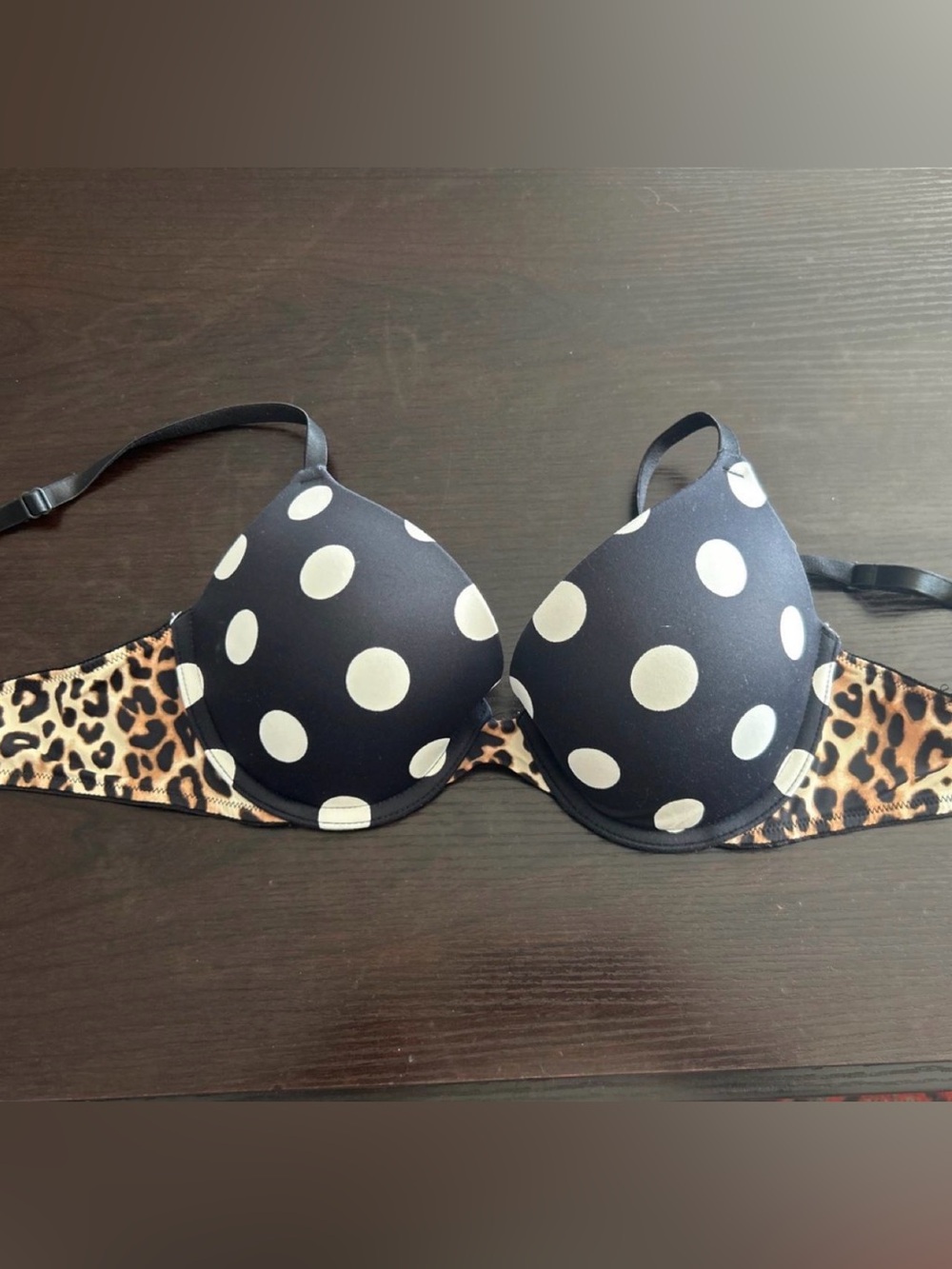 PINK Victoria's Secret Black & White Polka Dot Bra with Leopard Accent